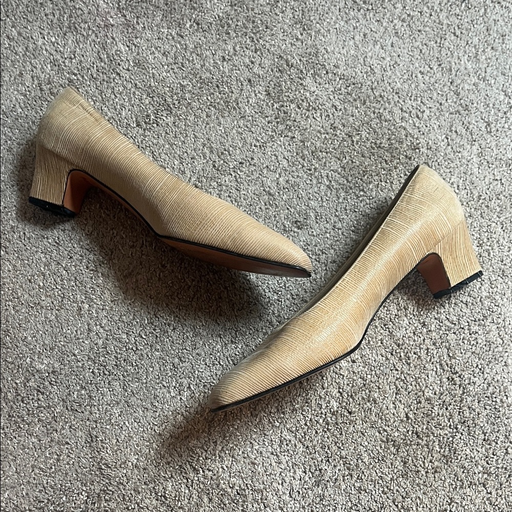 Ferragamo 10B Block Heels Beige/Wheat with Gold  Need New Heel Caps